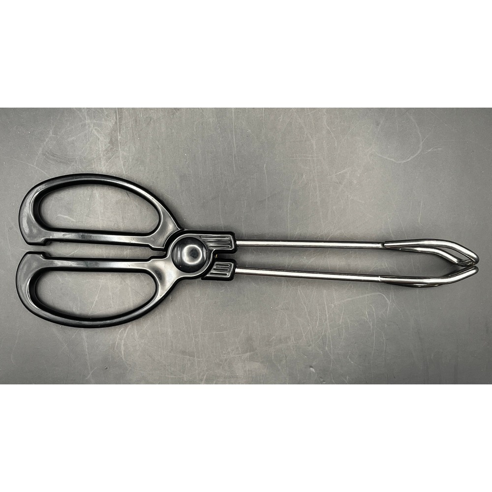 Vtg Black Tongs Kitchen Utensil Scissor‎ Style Serving Plastic Metal 9"